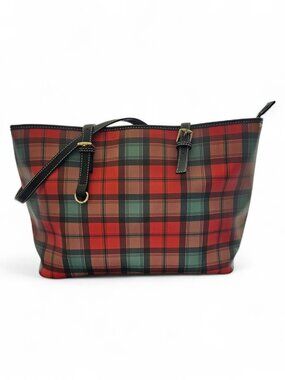 16 inch Plaid Tote Bag, Vibrant Red and Green Tartan Textured Vinyl